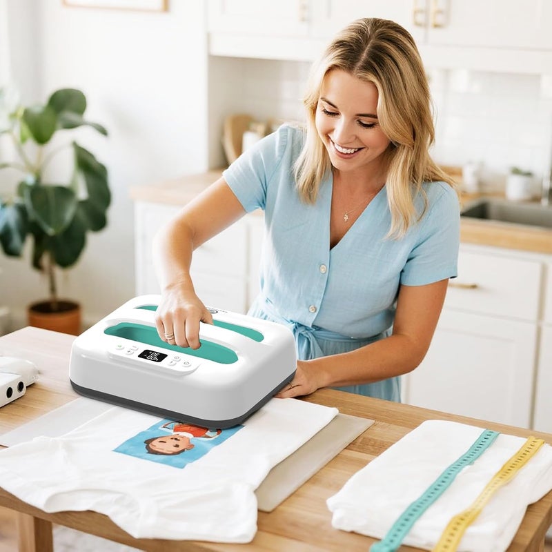 EasyCount E Heat Press Machine 12" x 10" Portable & Easy Heat Press for T-Shirts, Pillows, Tote Bags & More (White-Green) - Image 4